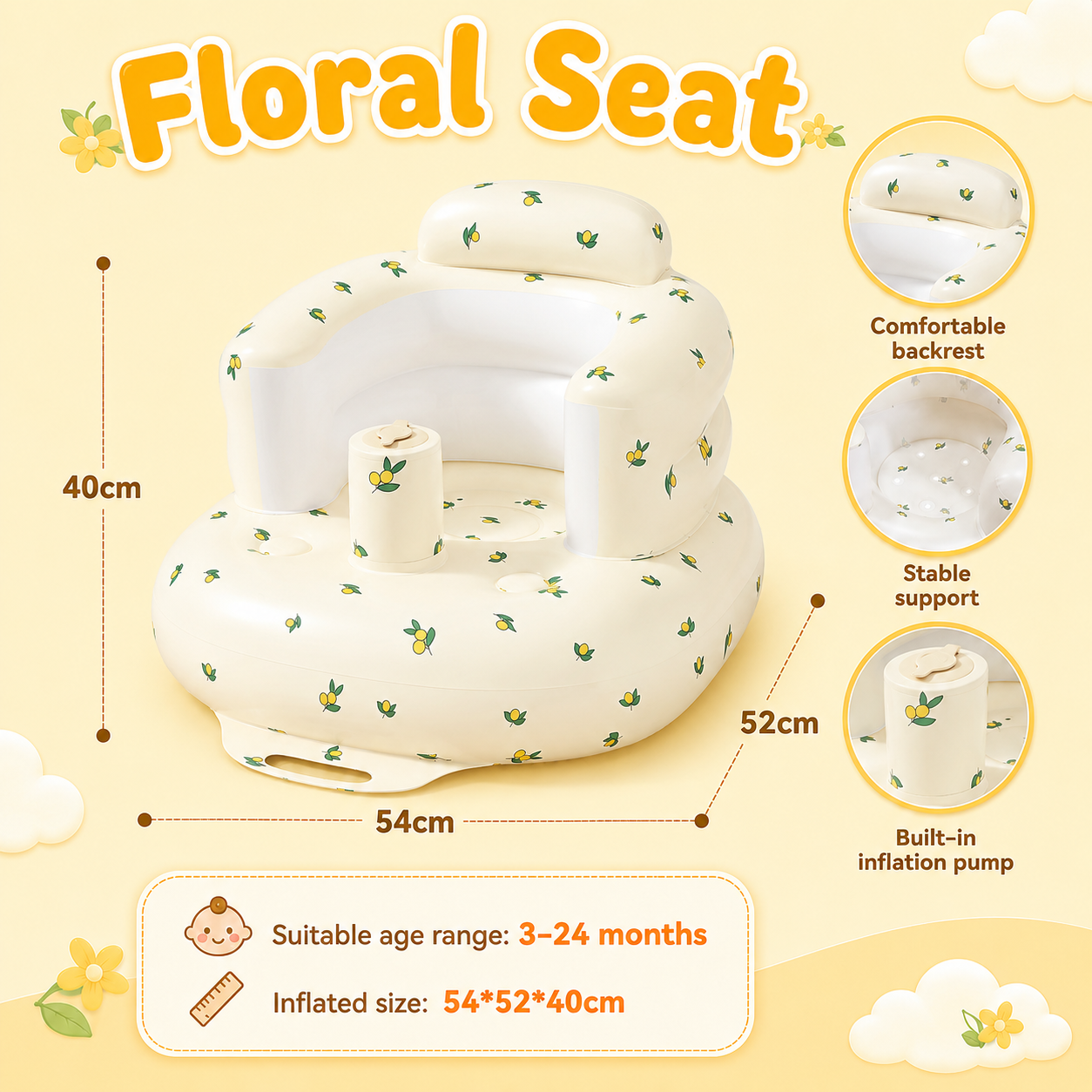 Portable Inflatable Baby Chair with Air Pump Thickened Seat for 4-36 Months Training Seat for Sitting & Feeding Easy Clean & Fold