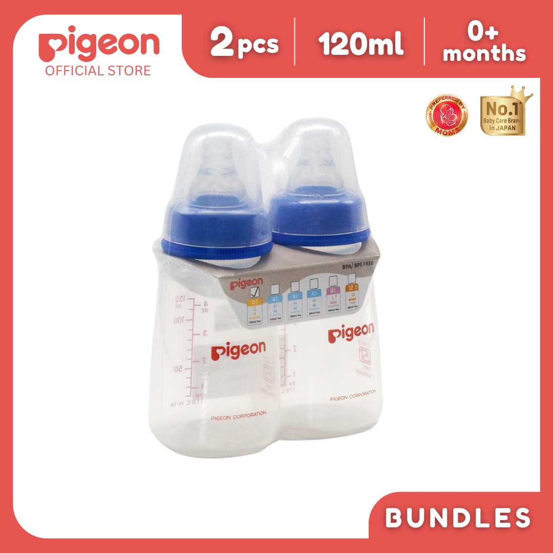 Pigeon Official - PP Standard Slim Neck Feeding Blue Bottle Slow Flow (S) for Newborn 120ml 0+ Months Twin Pack Anti Colic No Nipple Confusion BPA Free Soft Flexible Nipples Japan No. 1 Brand
