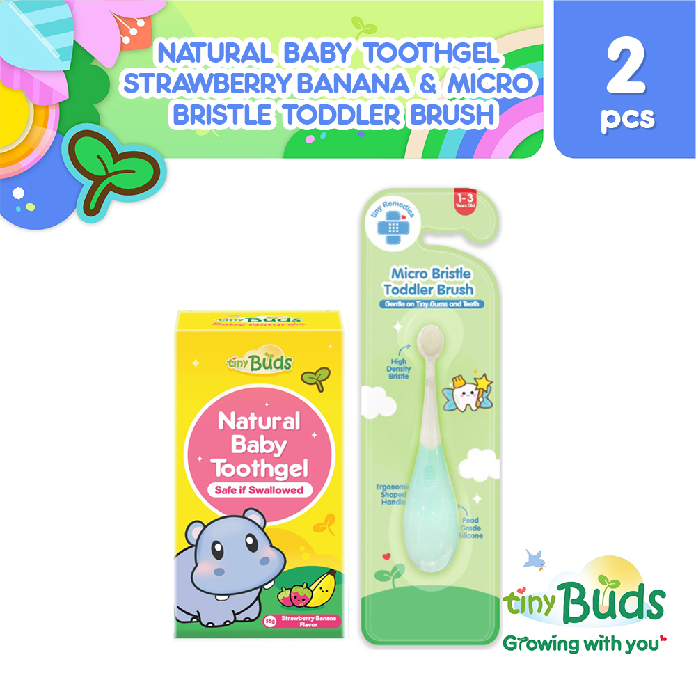 Tiny Buds Micro Bristle toddler Brush and Baby Toothgel Strawberry Banana Set