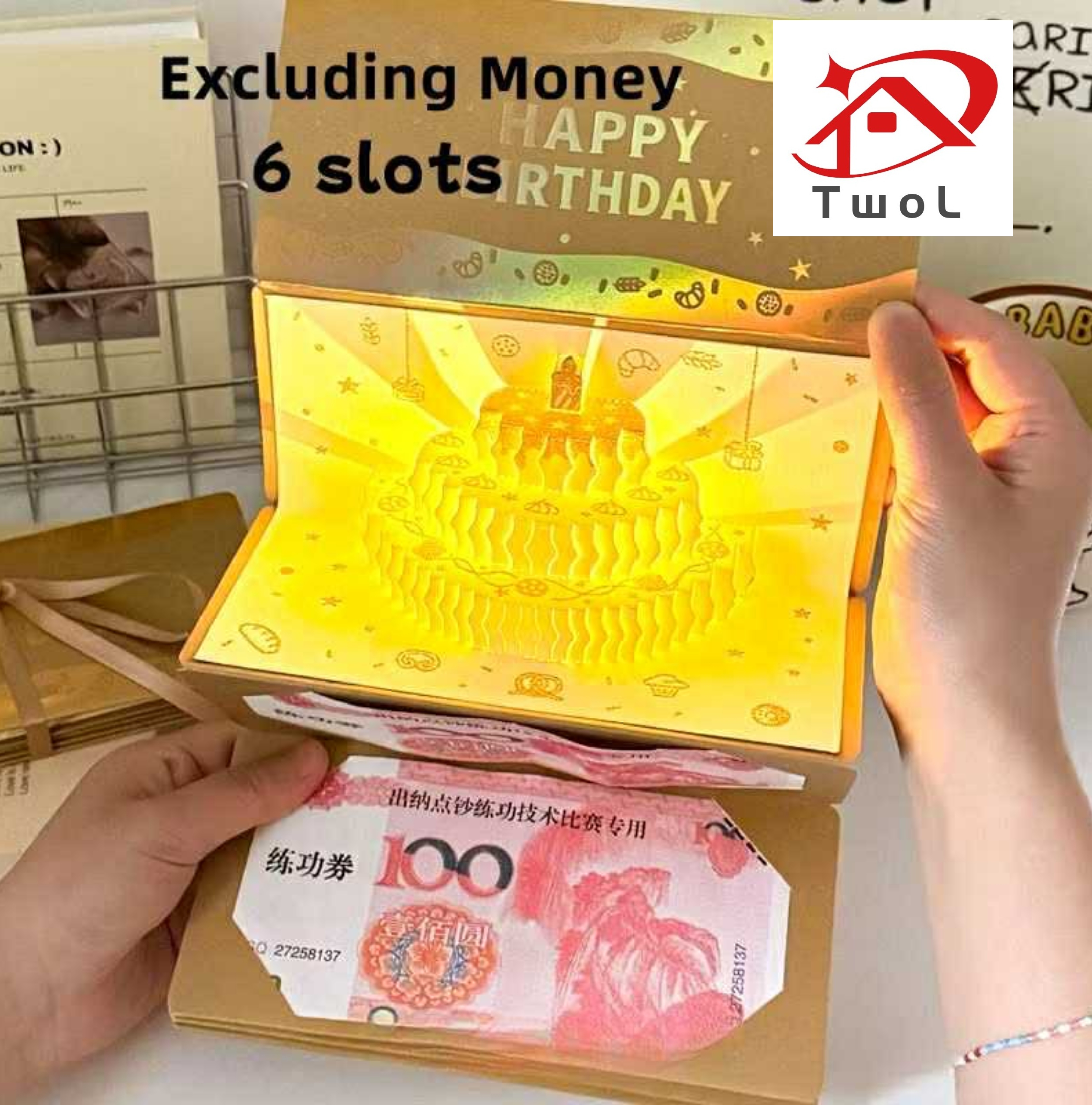 TWOL SHOP Stock no.164，1pcs 3D birthday cake lucky red envelope musical light greeting card cash clipper for children
