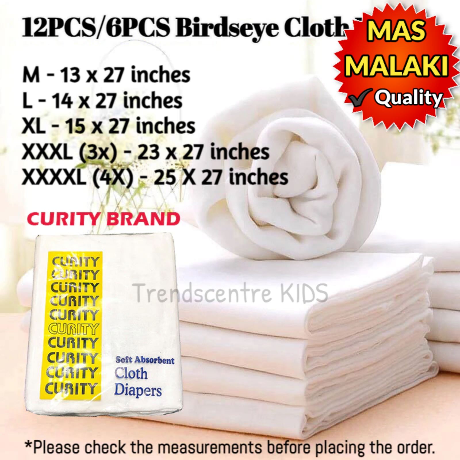 TRENDSCENTRE 12pcs or 6pcs Curity Cotton Cloth Diaper Birdseye Lampin for Newborn Infant Baby Size M L XL XXXL Super