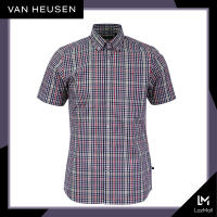Van Heusen Mens Slim Fit Checkered Short Sleeve Shirt w/ Button-Down Collar (White/Red)
