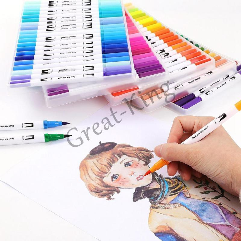 Great-King Watercolor Brush Marker Pen100/60/48/24/12 Colors Water Based Brush Markers Paint Pens Set with Dual Tip Brush Pens for Coloring Books Calligraphy Drawing and Writing