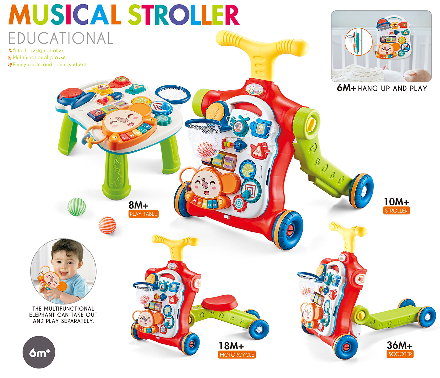 5 in 1 Multifunctional push walker Musical baby walker and seat play activity toys stroller