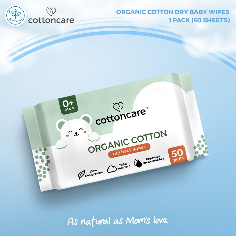 Cottoncare™ Organic Cotton Dry Cleansing Baby Wipes Premium Plant-Based Newborn Unscented Central Make up Tissue