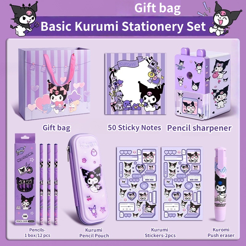 SayaHiyas Kuromi Theme Stationery Set With Ruler Pencil Sharpener 3D Gift Box Pencil Case Eraser For kids Reward Gifts Childrens Birthday Gift idea Melody Theme Gift Bag&Box