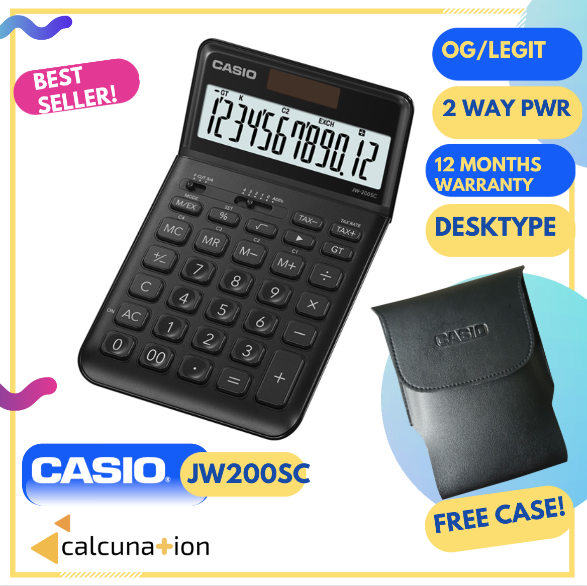 CALCULATOR CASIO JW200SC BLACK w/ Optional Pouch