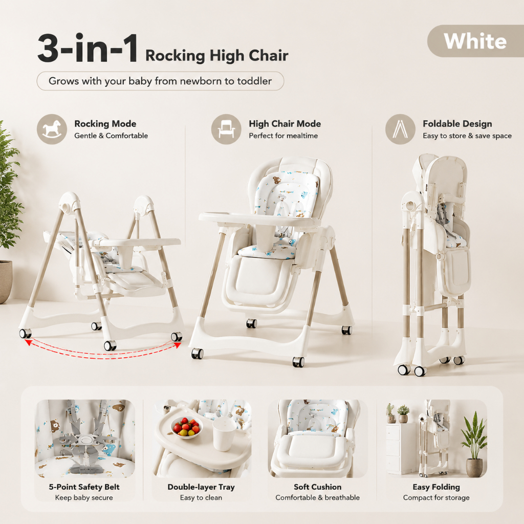 PlayPark Baby High Chair with Adjustable Height and Backrest Multi-Functional Dining and Rocking Chair