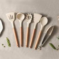 HomeAce Wooden Handle Slotted White Color Non-Stick Food Grade Silicone Kitchen Utensils