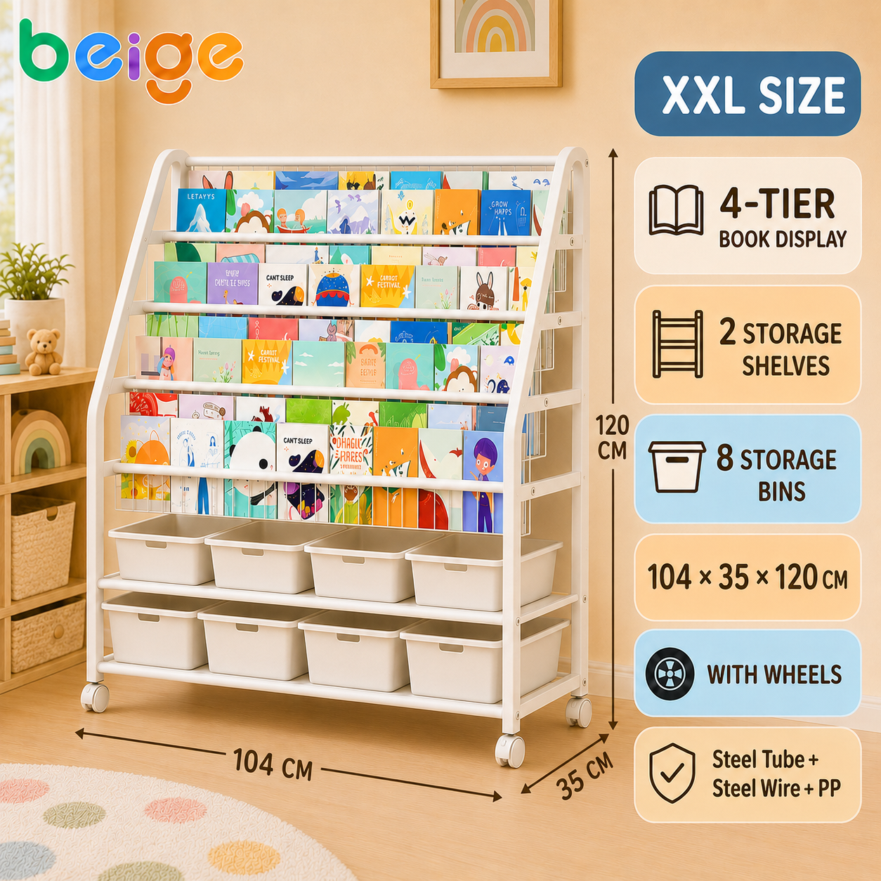 Multifunctional Kids Bookshelf & Toy Storage Rack 5-Tier Display Bookcase Organizer with Safety Design for Bedroom Playroom Nursery