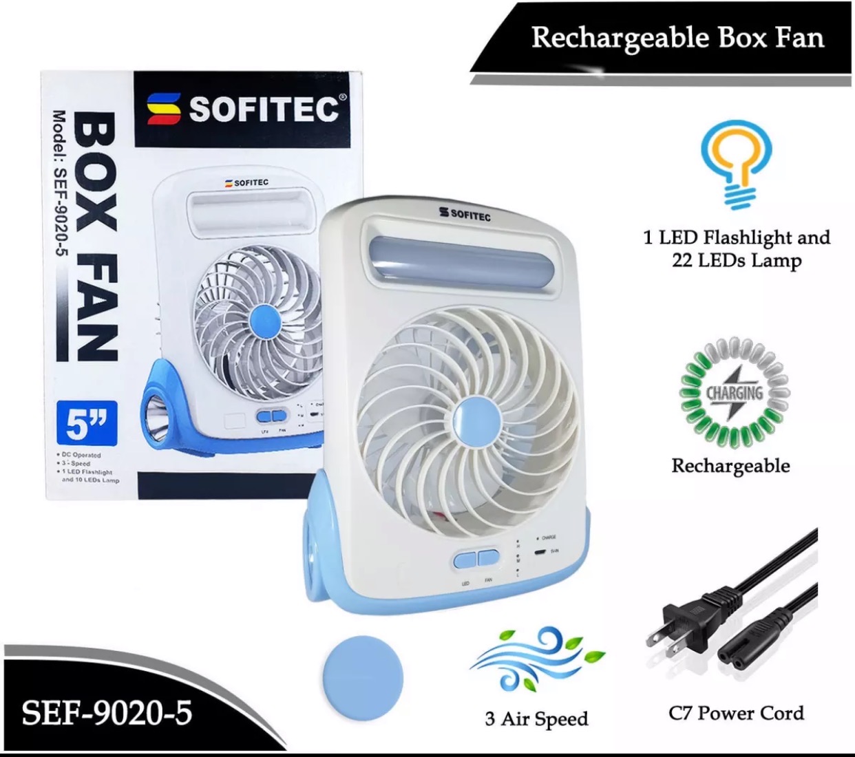 Sofitec 3 in 1 Rechargeable Fan Flashlight Light Lamp Box Fan Electric ...