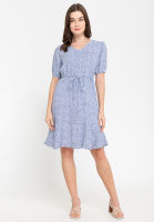 Krizia Cotton Printed V Neck Flounce Hem Shift Dress