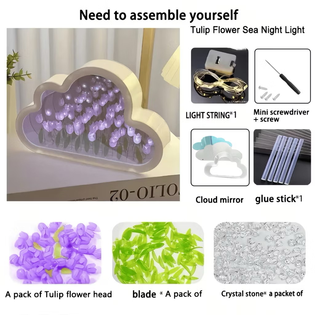 Magic Cube Tulip Night Light DIY Tulip Flower Sea Mirror Lamp Decorative Gifts for Birthday Holiday Led Tulip flower sea