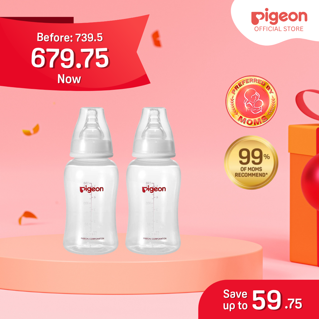 NEW Pigeon Official - Crystal Clear Streamline Baby Feeding Bottle 150ml 2pcs Slow Flow for 0+ months Anti Colic No Nipple Confusion BPA Free Soft Flexible Nipples Japan No. 1 Brand
