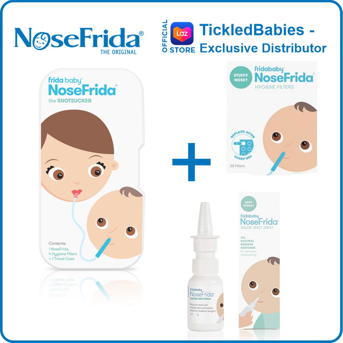 NoseFrida The Snotsucker Value Pack ( Nose Frida Nasal Aspirator Frida Saline Spray Hygiene Refill Filters (20 pcs) )