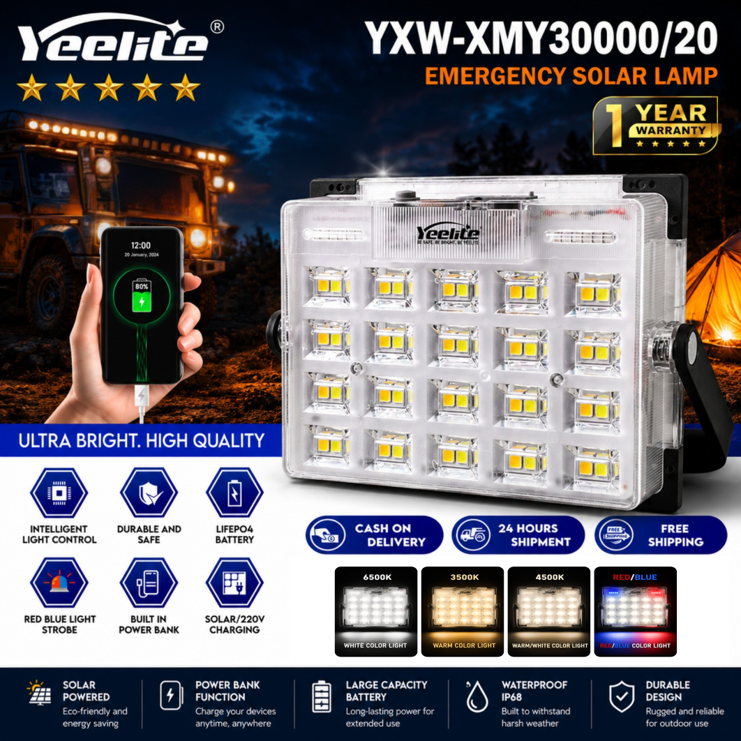 Yeelite 50000W/30000W/20000W Solar Camping Light outdoor waterproof Buy 1 Take 1 Emergency Flood lamp with solar panel USB Rechargeable Portable for SOS Warning Hiking Outdoor Work Camping Building Garage Power Outage Night Fishing Handheld Light