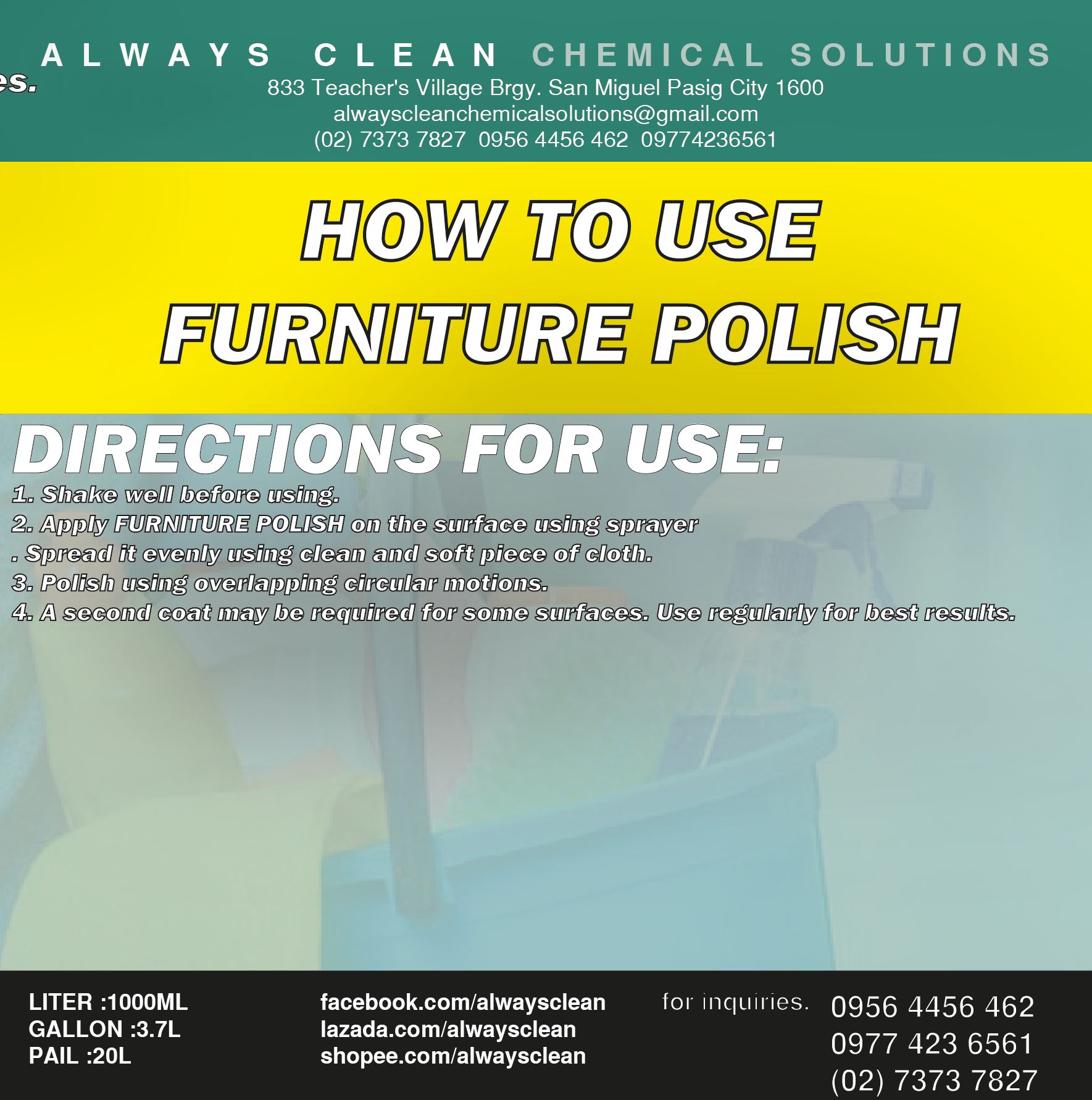 FURNITURE POLISH 1 LITER (With FREE SPRAY BOTTLE Wood cleaner spray