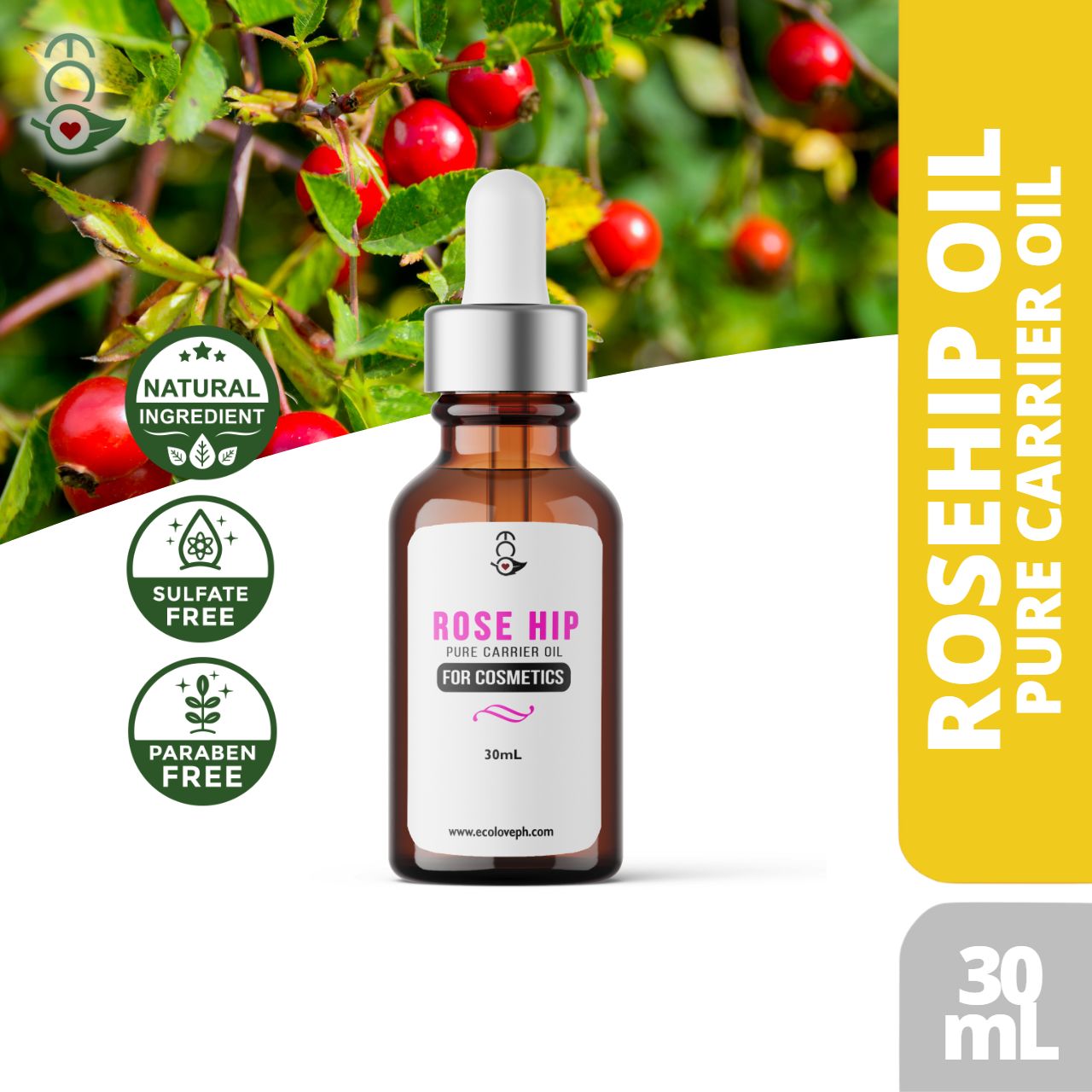 Eco Pure Rosehip Oil Reduces the Appearance of Wrinkles Scars Stretchmarks and Evens Skin Tone Beauty Oil Natural - Lightening and Brightening Scar Remover (For Dark Spots Blemishes Acne Scars Bacne Scars Stretch Marks) Carrier Oil