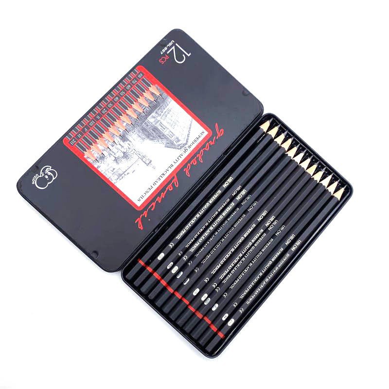 12 Pcs Sketching Pencil Set 2H-8B Set Iron Box Painting Drawing
