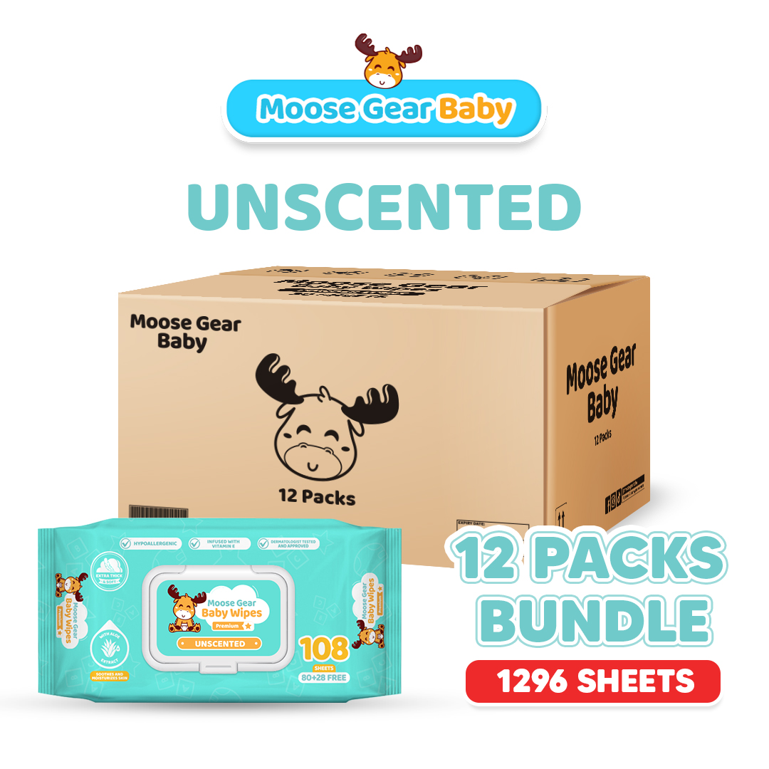 Moose Gear Baby Wipes Premium Unscented 12PACKS (1BOX) with Vitamin E & Aloe Extract Thick & Soft