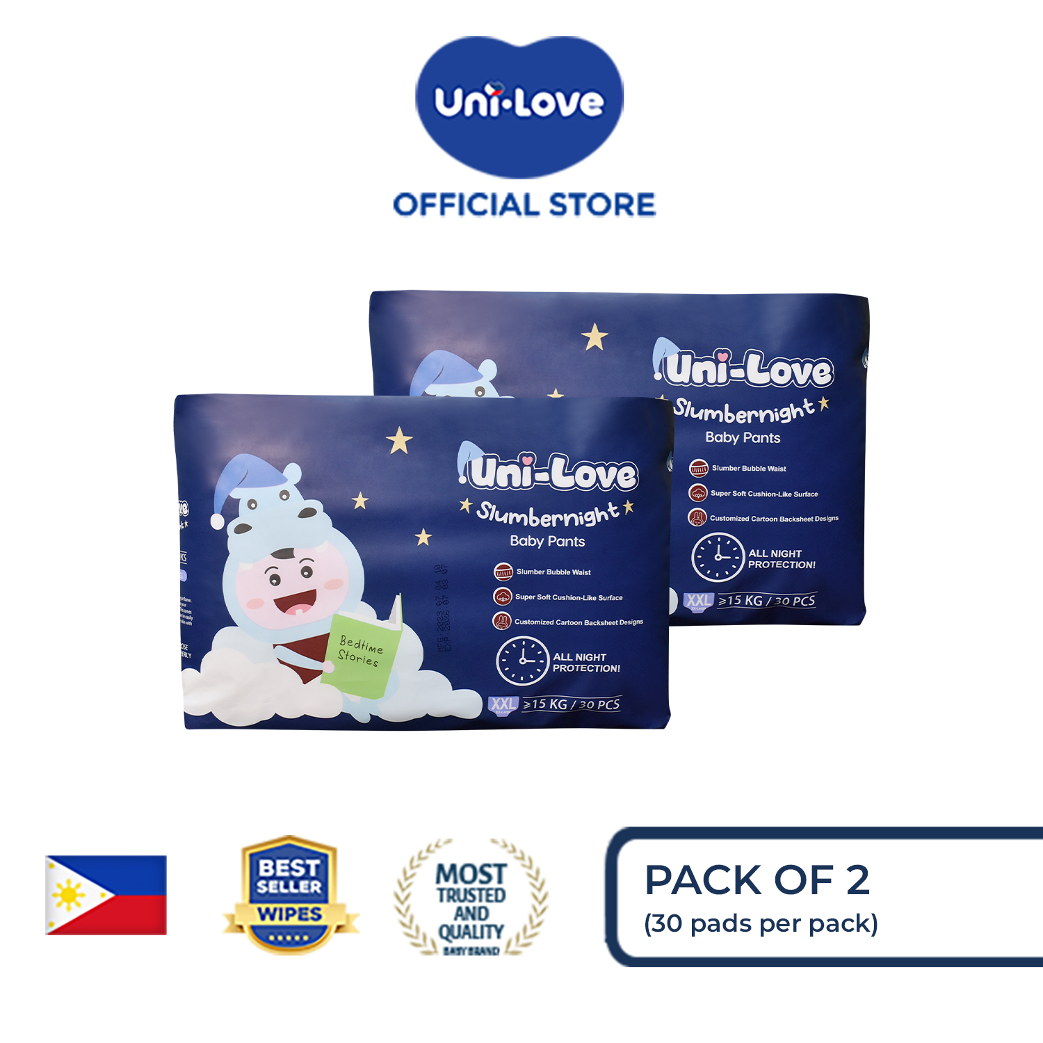 Uni-Love Slumbernight Baby Pants (XX-Large) 30s Pack of 2 - Hypoallergenic | For Heavy Wetter | Overnight | Super Absorbent | Ultrasoft | Neutralizes PH Level | Double Leakguard | Pants Type | Breathable