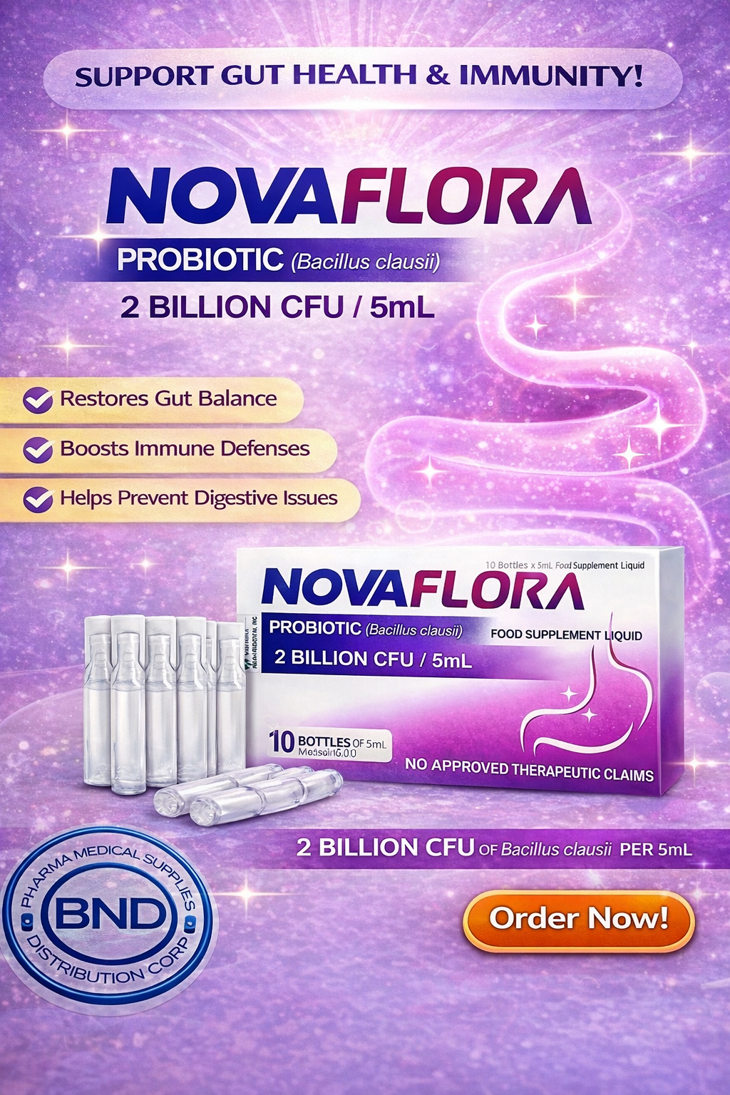 NOVAFLORA Probiotic Bacillus Clausii 2 Billion CFU/5ml 10 Bottles Gut Supplement FDA Approved BNDCORP