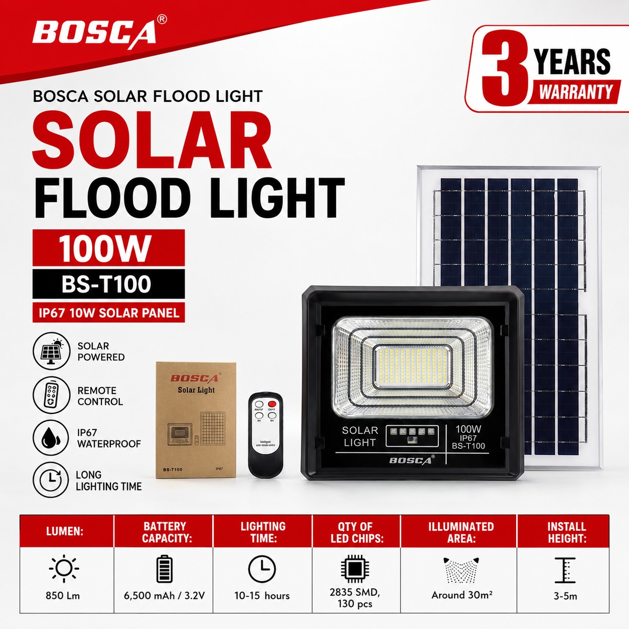 BOSCA 3 Year Warranty 100W Solar Led Outdoor Flood Light Street Lamp IP67 Waterproof With Remote BS-T