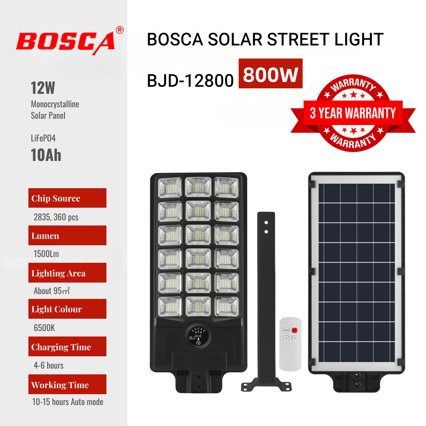 BOSCA 800W 3 Year Warranty Outdoor LED Solar Street Light With Remote Control BJD-12800
