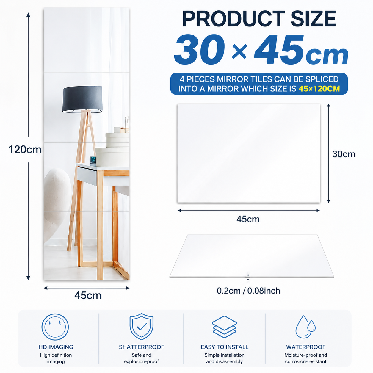 IMUTO HD mirror sticker wall glass full body dress mirror square household self-adhesive wall mirror can be bent acrylic mirror living room bedroom bathroom