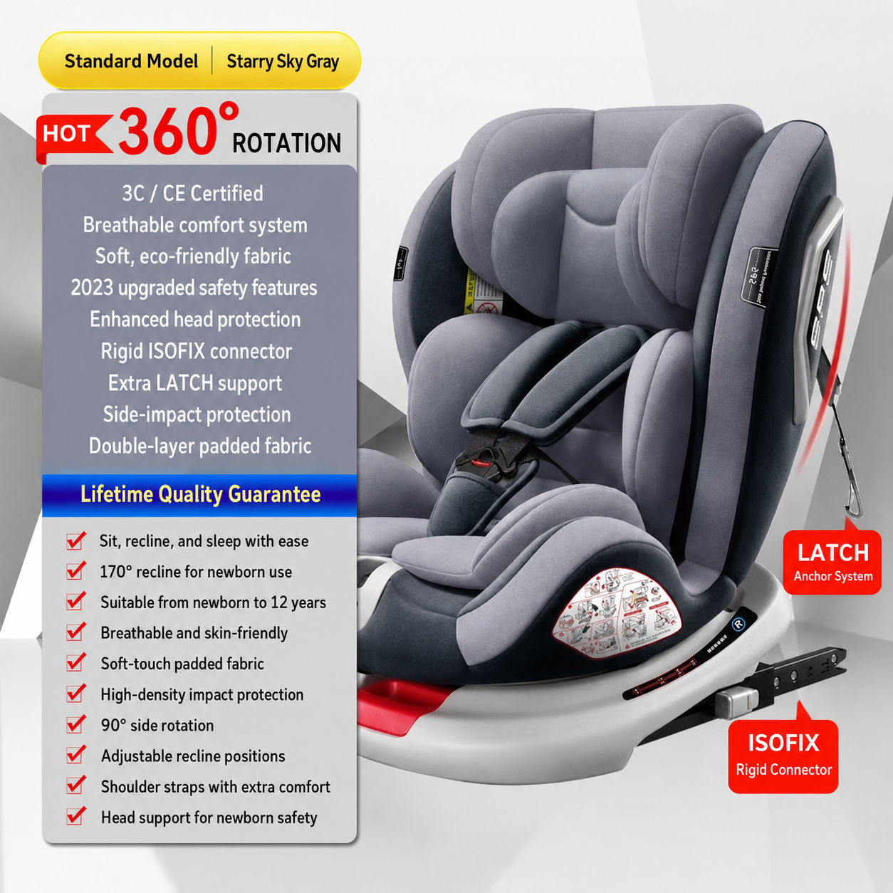 Beige Baby Car Safety Seat For Kids 0-12 Years Old With ISOFIX LATCH 5-Point Harness 165° Recline All Round Protection Adjustable Cushion Safe Child Carrier