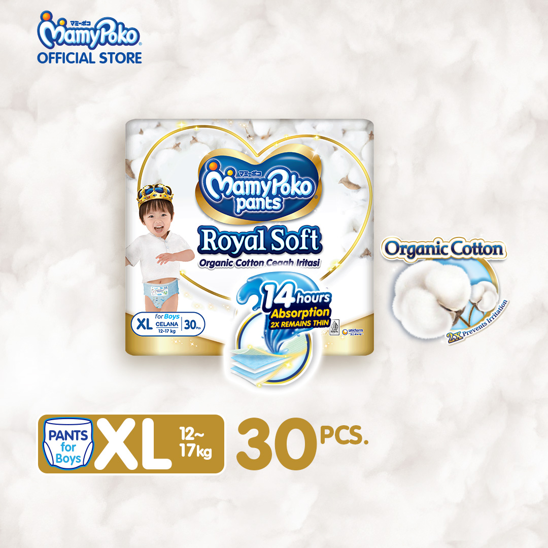 MAMYPOKO Royal Soft Organic Cotton Baby Disposable Diaper Pants Boy XL 30 pcs