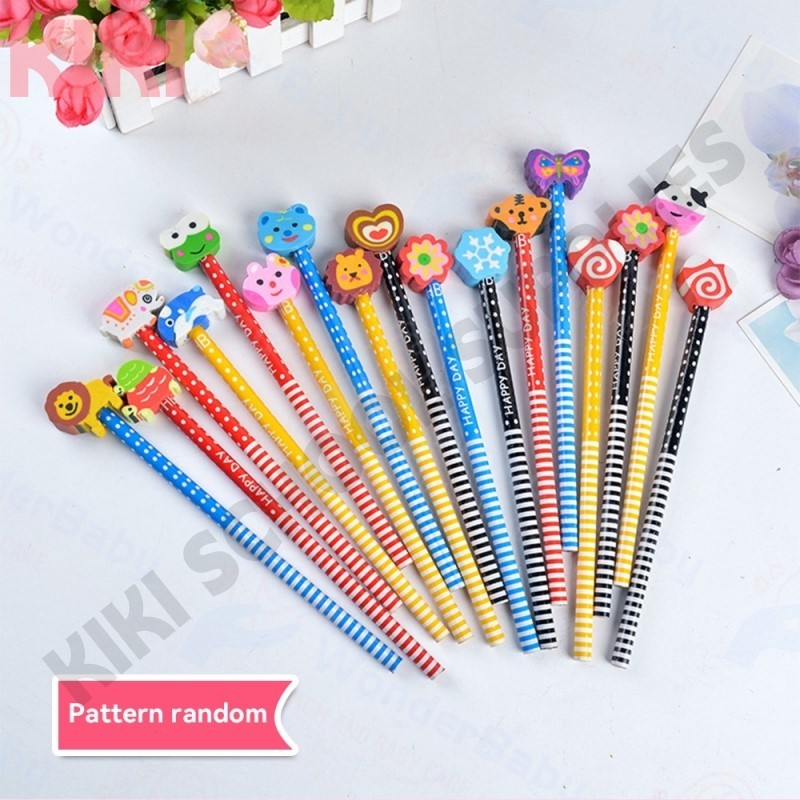 KK 1PC/20PCS/50PCS Pencil With Cute Eraser Primary School Supplies Cartoon Rubber Head Random Pencils Kids Stationary Wholesale Gift