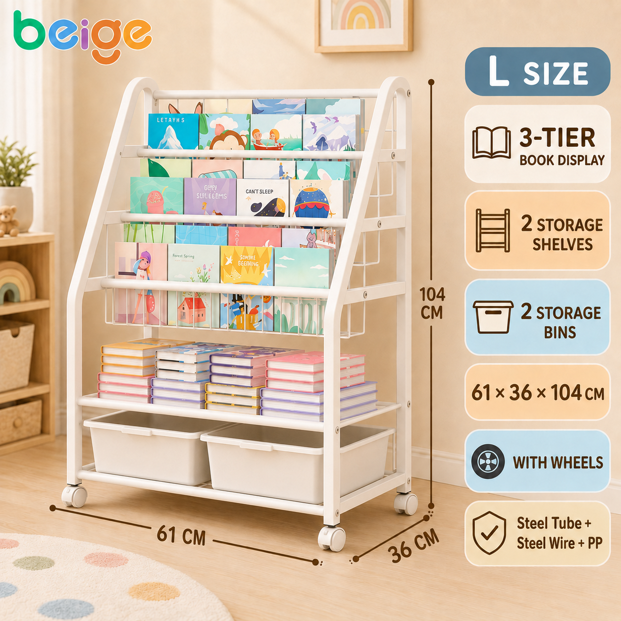Multifunctional Kids Bookshelf & Toy Storage Rack 5-Tier Display Bookcase Organizer with Safety Design for Bedroom Playroom Nursery