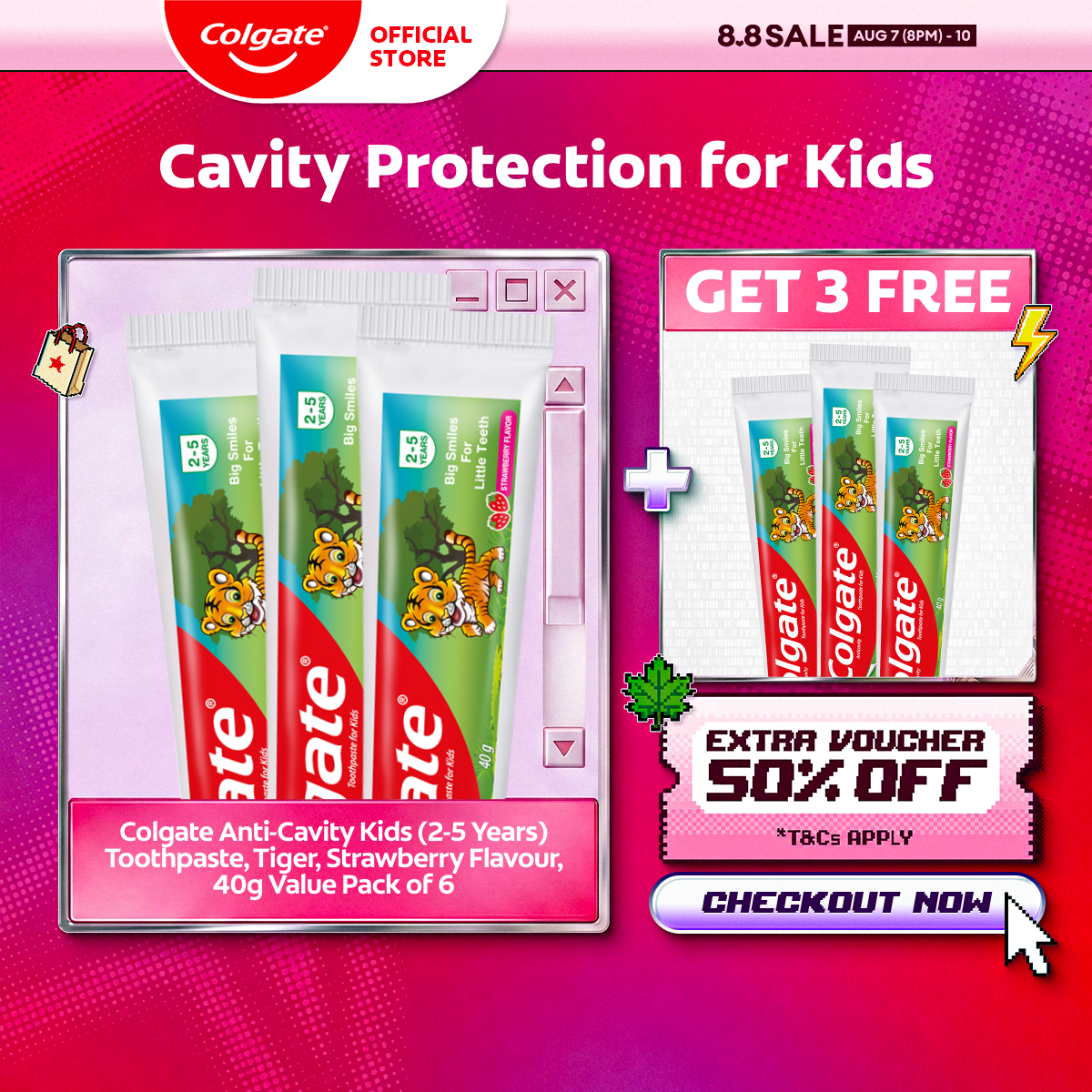 [BUY 3 FREE 3] Colgate Anti-Cavity Kids (2-5 Years) Toothpaste Tiger Strawberry Flavour 40g Value Pack of 6