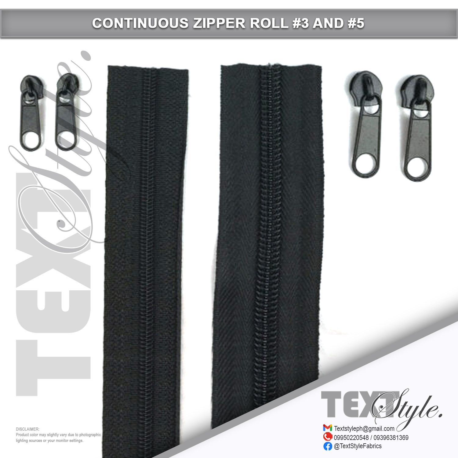 Textstyle Black Nylon Continuous Zipper & Slider #3 & #5 - Sold Per Meter and Per Piece