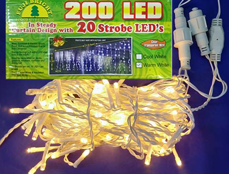 FUJI BRIGHT 200 LED STEADY CURTAIN W/ 20 STROBES & END CONNECTOR CHRISTMAS LIGHTS