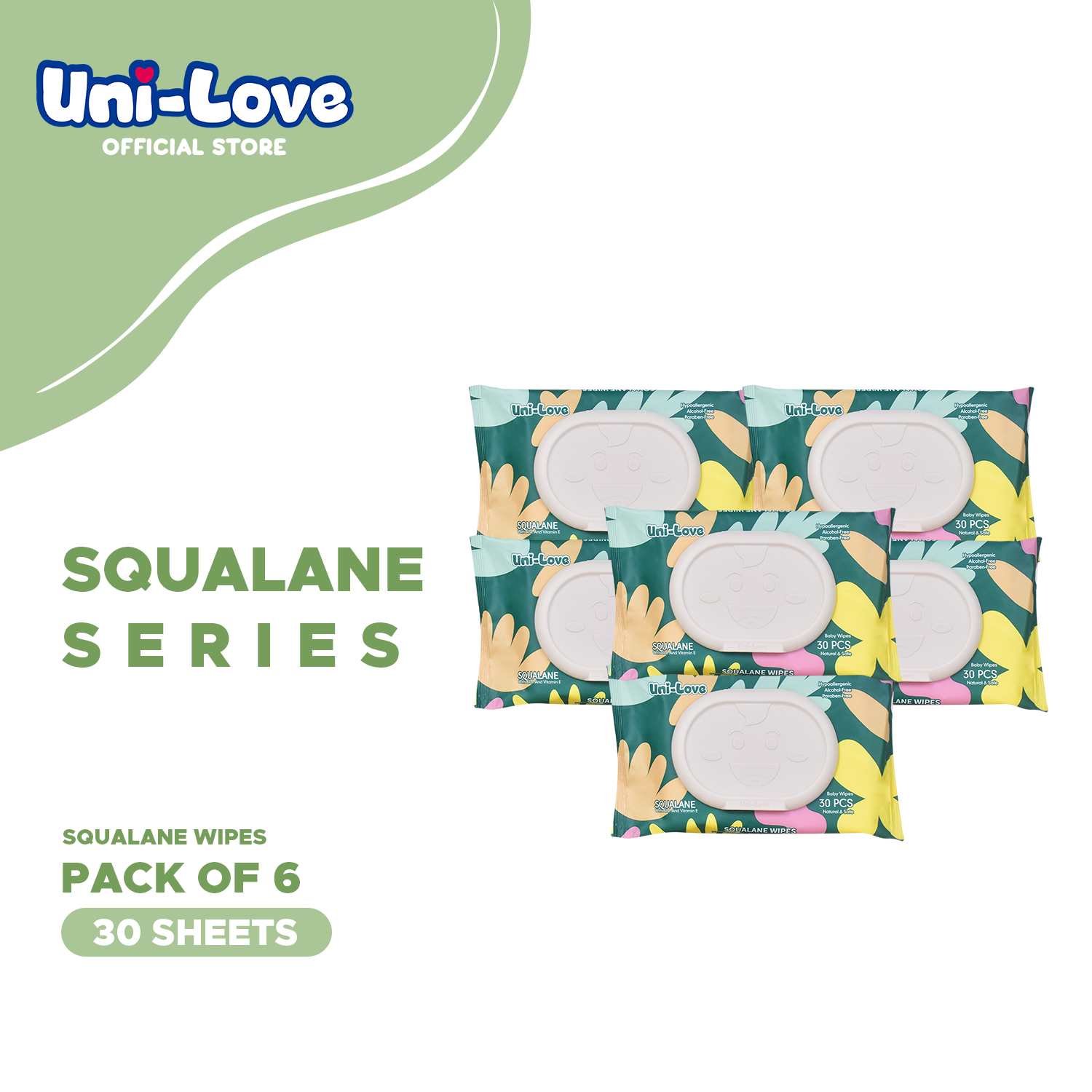 Uni-Love Squalane Baby Wipes 30s Pack of 6 - 99% Water| Hypoallergenic | Alcohol Free | No harmful chemicals | with Aloe Vera | Safe & Gentle | FDA Approved