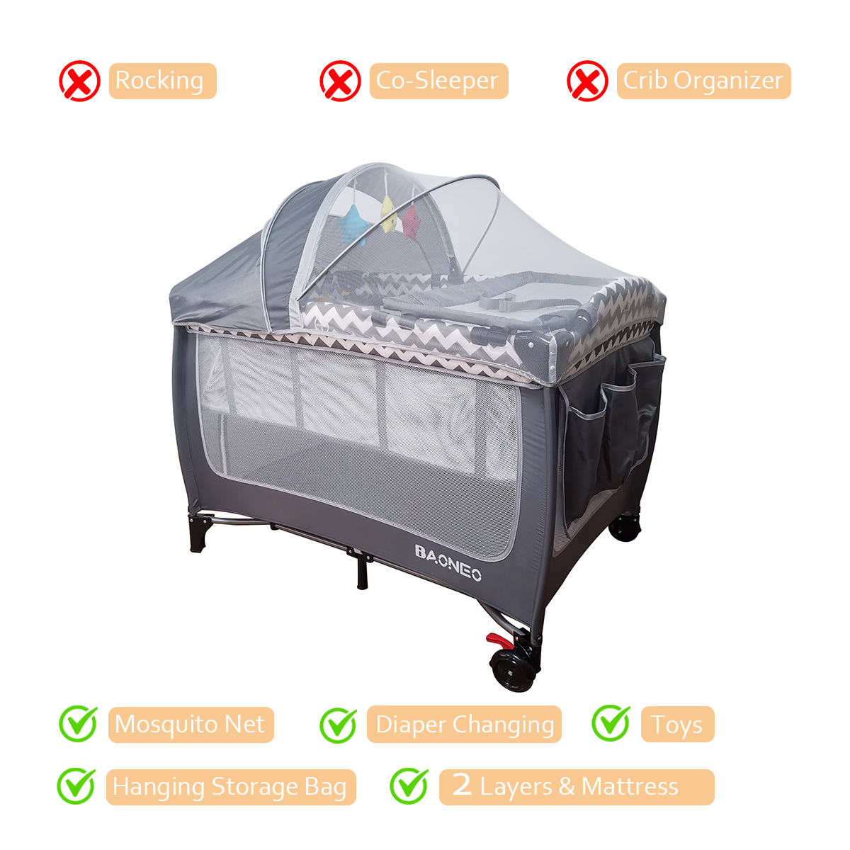 BAONEO 2-in-1 Foldable Rocking Baby Crib with Diaper Changing Station Storage Bag & Full-Coverage Mosquito Net - Versatile Infant Bed & Playpen Co-Sleeper