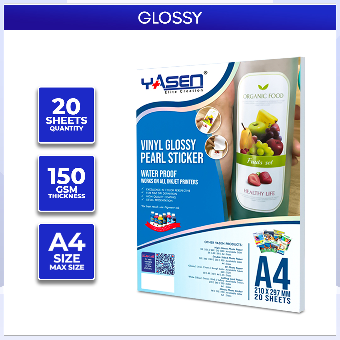YASEN Waterproof A4 Sticker Pearl Vinyl for Printing Inkjet Glossy Matte & Transparent 150GSM 20pcs