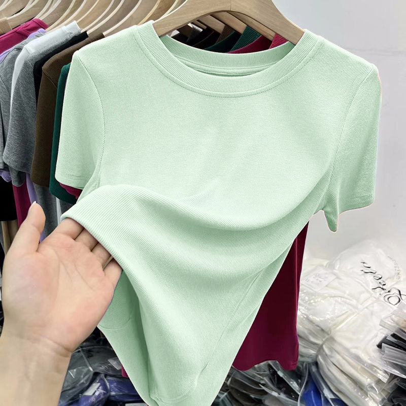Women's tops Threaded round neck T-Shirt Short-sleeve solid color bottom shirt for women