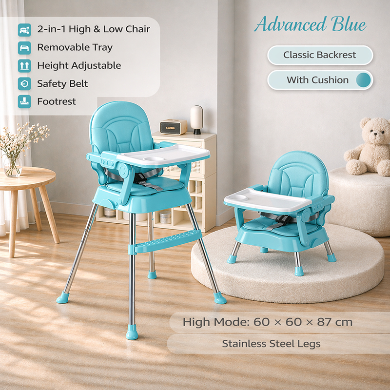 PlayPark High Chair for Baby Feeding Adjustable Height baby chair with Removable Legs Belt 4 Wheels