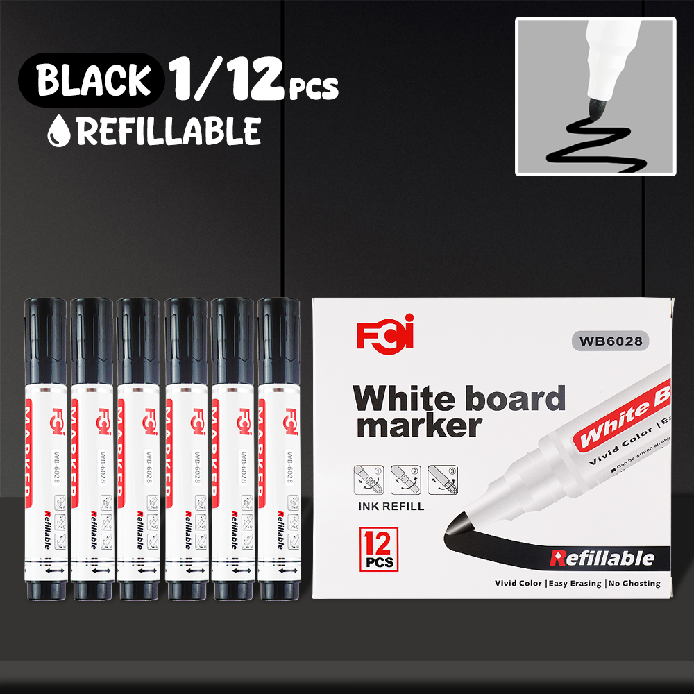 FCI White Board Marker 12pcs Refillable with Large Capacity Filling -Ink Whiteboard Marker Easy Erasing School Office Supplies