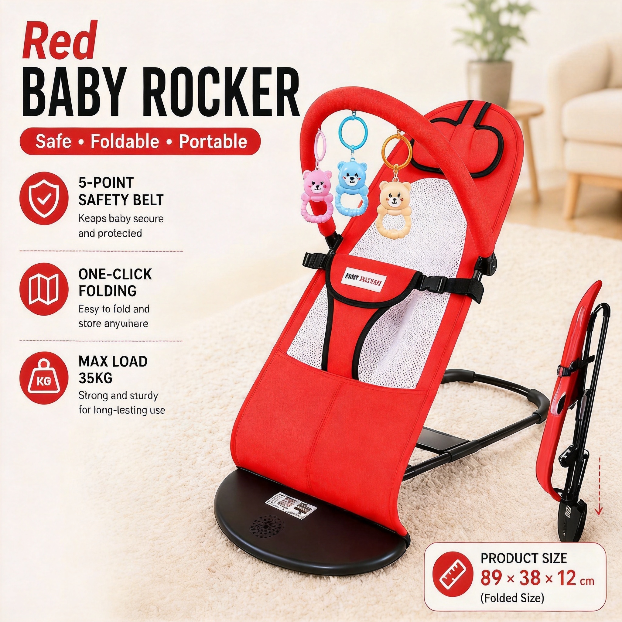 Baby Rocking Chair with breathable mesh fabric ergonomic spine foldable frame
