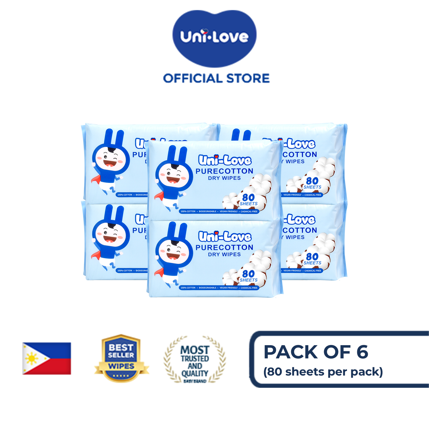 UniLove Purecotton Dry Wipes 80s Pack of 6