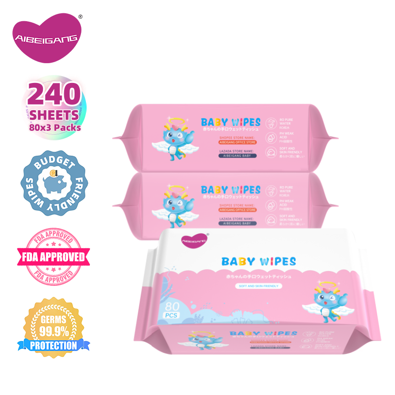 AIBEIGANG Baby Wipes 80 Pcs Pack of 3 Wet Wipes 240 Pcs In TotalUnscented Hypoallergenic Wipes for Newborn Baby Sensitive SkinFast Delivery Sale Free Shipping