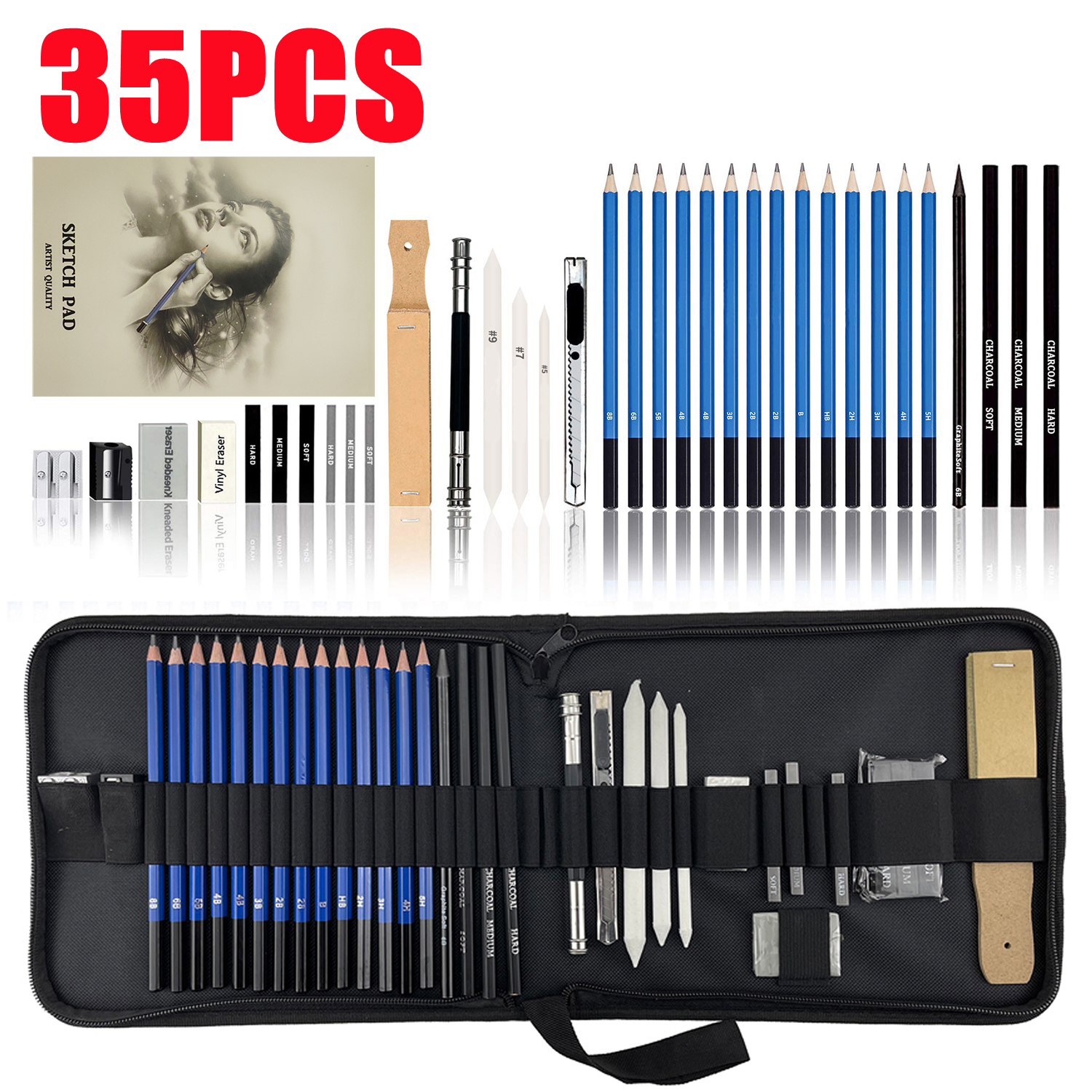 JIANTAI 35PCS Drawing Pencils Sketch Art Set Drawing and Sketch Set Includes 14 Sketching Graphite PencilsGraphite and Charcoal PencilsSketch Pad and Accessories