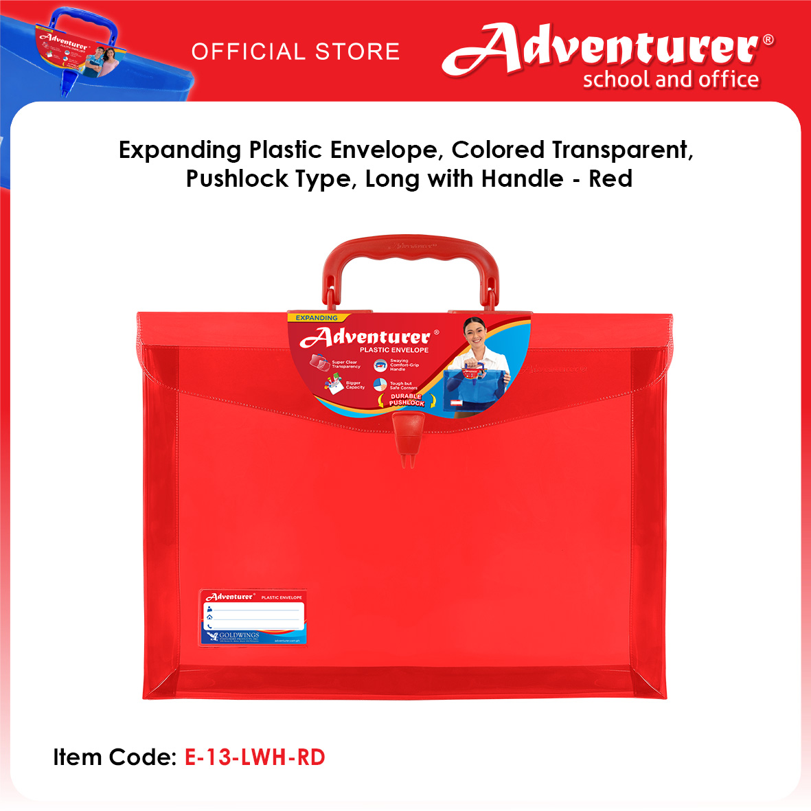Adventurer Expanding Plastic Envelope Colored Transparent Pushlock Type Long with Handle