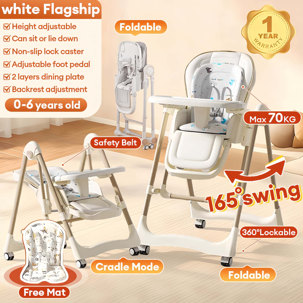 Baby High Chair 2-in-1 Foldable & Rocking Adjustable Height Secure Safety for Infants & Toddlers (6M-3Y)