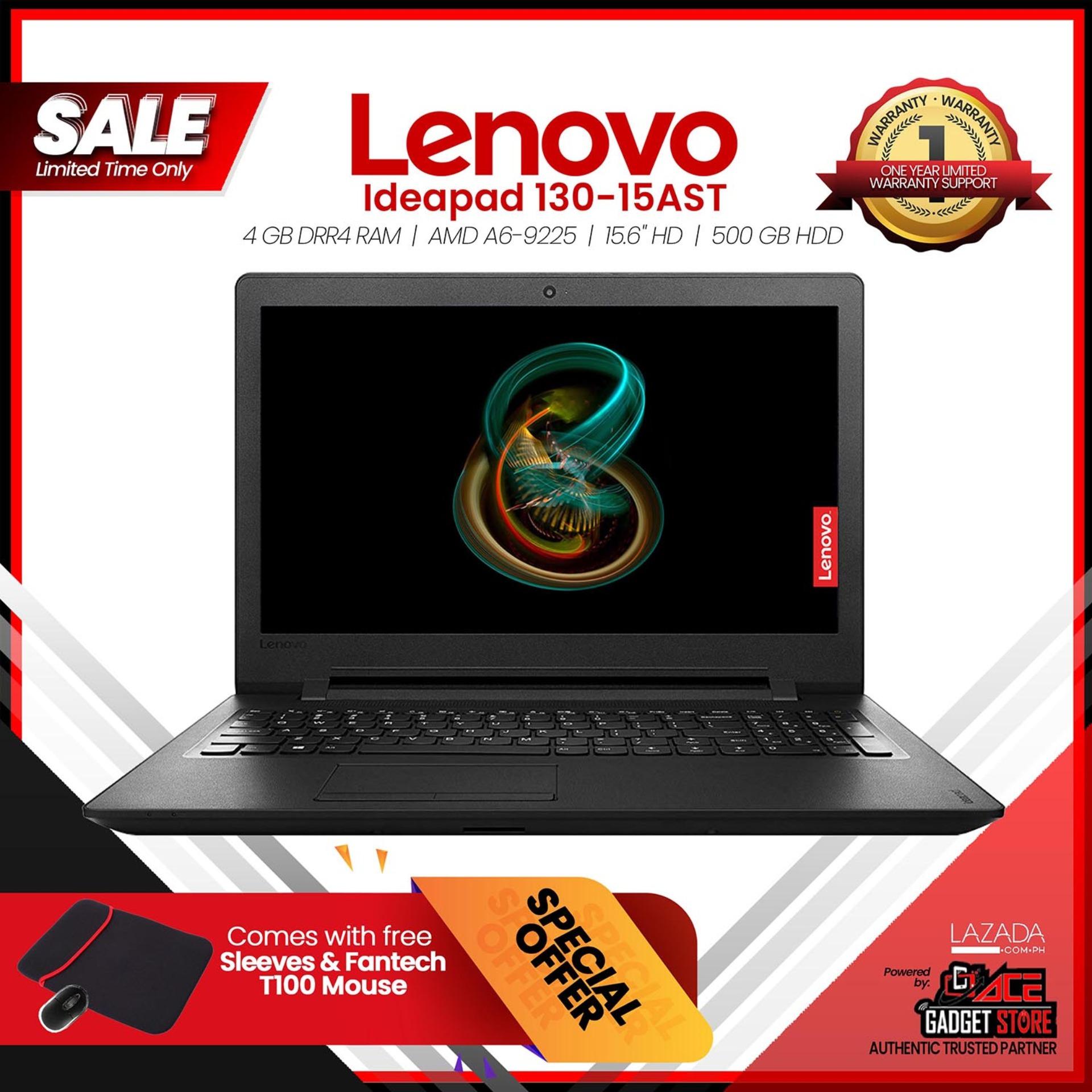 Lenovo IdeaPad 130-15AST Laptop, 15.6-in HD Display, AMD A6-9225 Processor, 4 GB DRR4 RAM, 500 GB HDD, Windows 10, Onyx Black with Free Fantech T000 Mouse & Laptop Sleeves