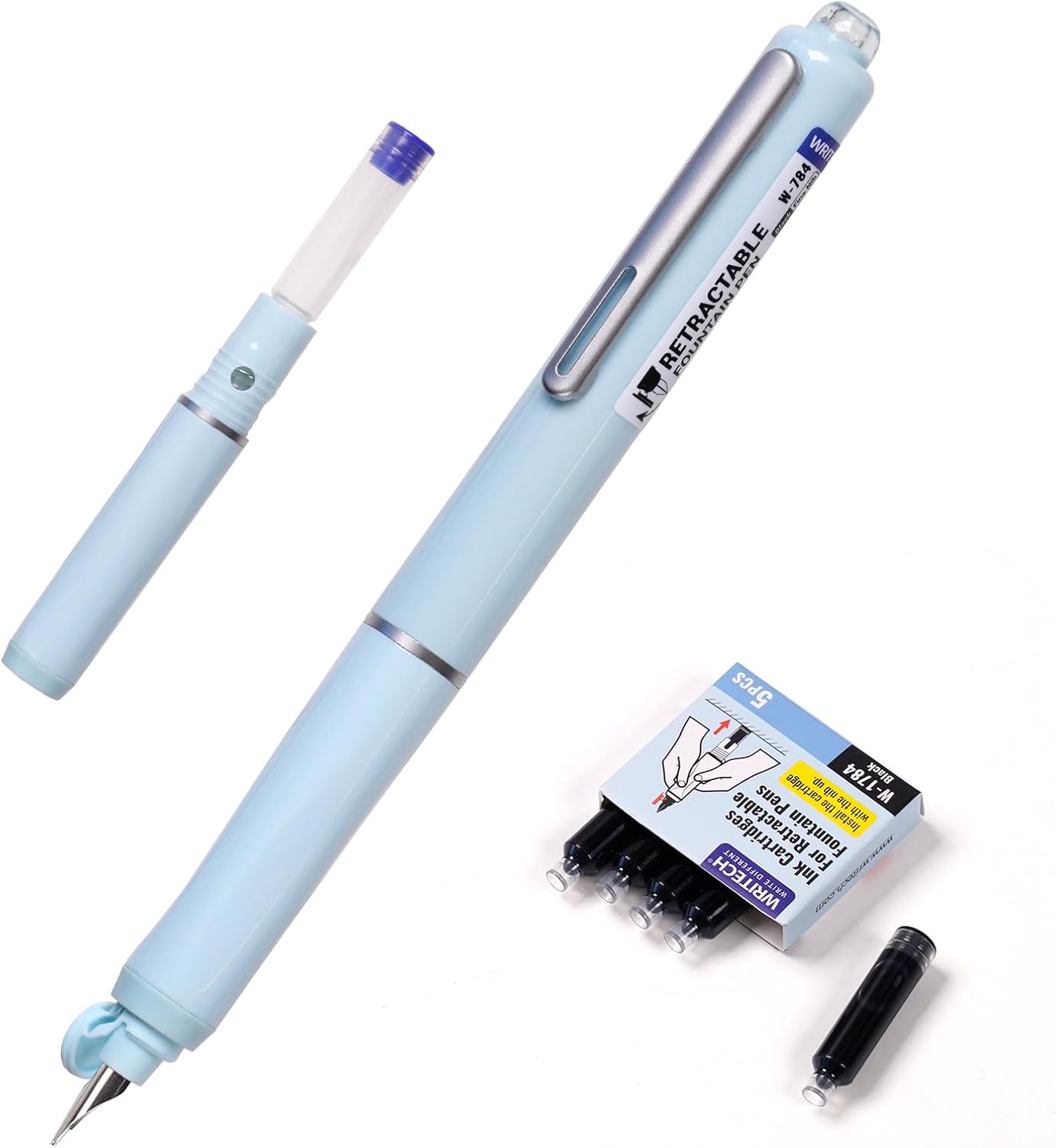 WRITECH Retractable Fountain Pen Set: Fine Nib Black Ink Pens Includes 5 Ink Cartridges Smooth Writing for Sketching Journaling Calligraphy Gift (Black)